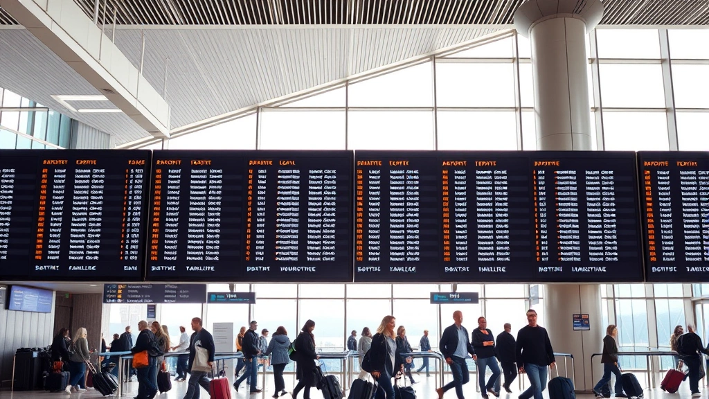 Modern airport terminal interior showing departure board with flight information, travelers with luggage, natural lighting from large windows, busy travel hub atmosphere