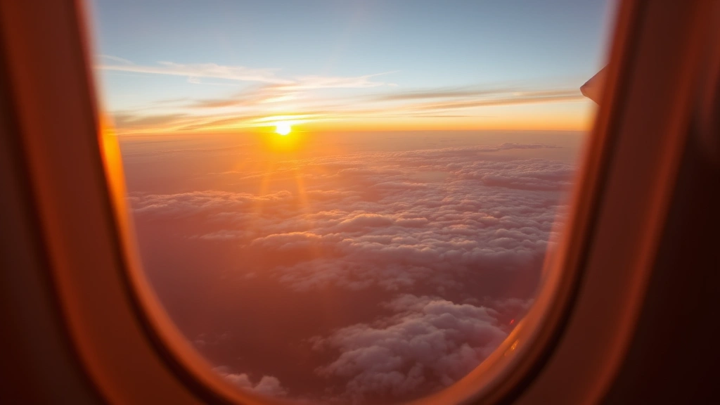 Close-up of airplane window view showing sunset over ocean clouds during flight, golden hour lighting, peaceful travel moment with wing visible