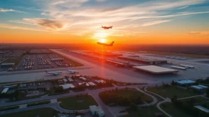Aerial sunrise view of Atlanta Hartsfield-Jackson International Airport with airplane landing, modern terminals, and vibrant Georgia landscape below