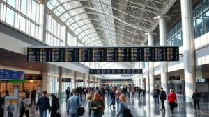 Hartsfield-Jackson Atlanta International Airport terminal interior with travelers and departure boards, modern architecture, natural lighting, bustling atmosphere, photorealistic