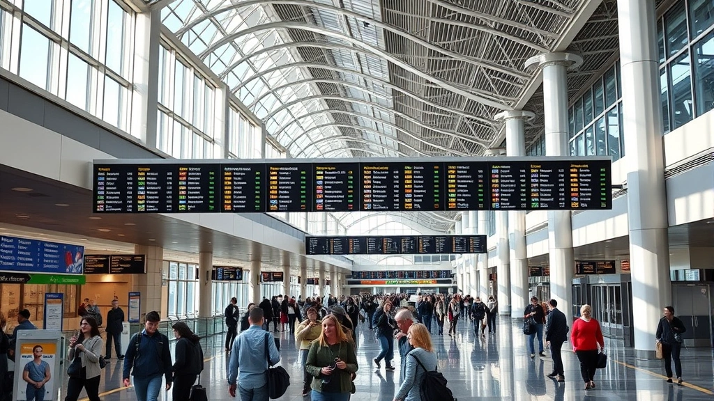 Hartsfield-Jackson Atlanta International Airport terminal interior with travelers and departure boards, modern architecture, natural lighting, bustling atmosphere, photorealistic