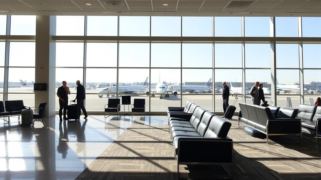 Dallas Fort Worth International Airport departure lounge with comfortable seating, large windows showing aircraft on tarmac, travelers with luggage, bright daylight, professional setting