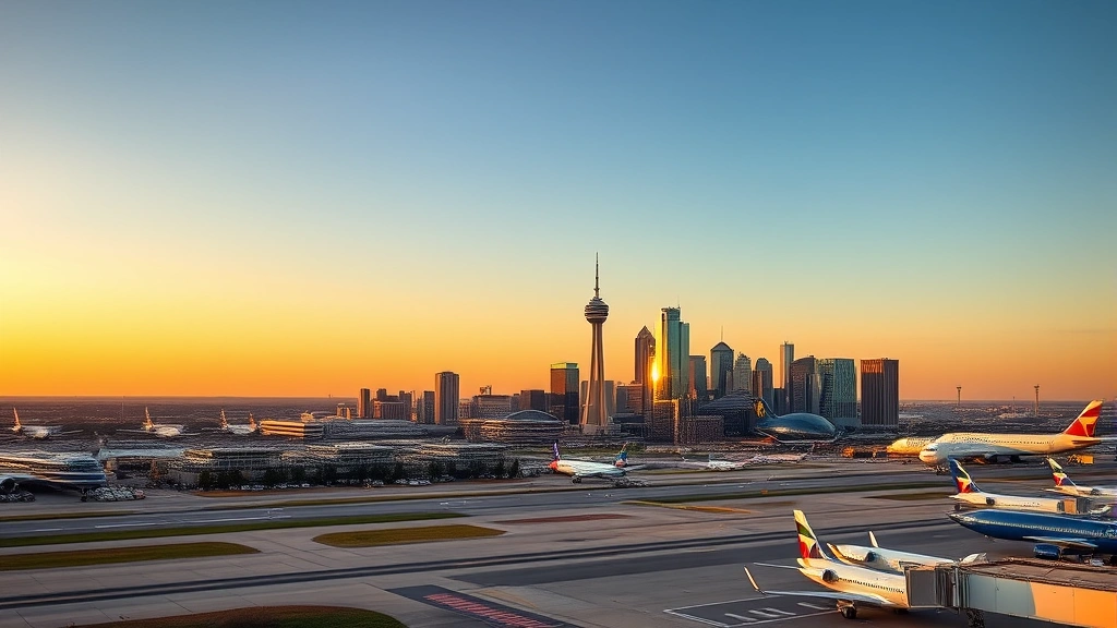 Dallas Fort Worth skyline at golden hour with airport runways visible, modern architecture gleaming, and commercial aircraft parked at terminals