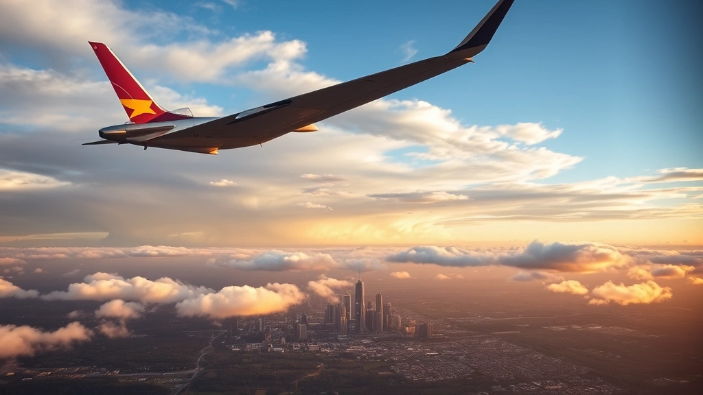 Aerial view of airplane flying over Texas landscape with Dallas skyline visible below, clouds, golden hour lighting, scenic landscape, travel adventure mood