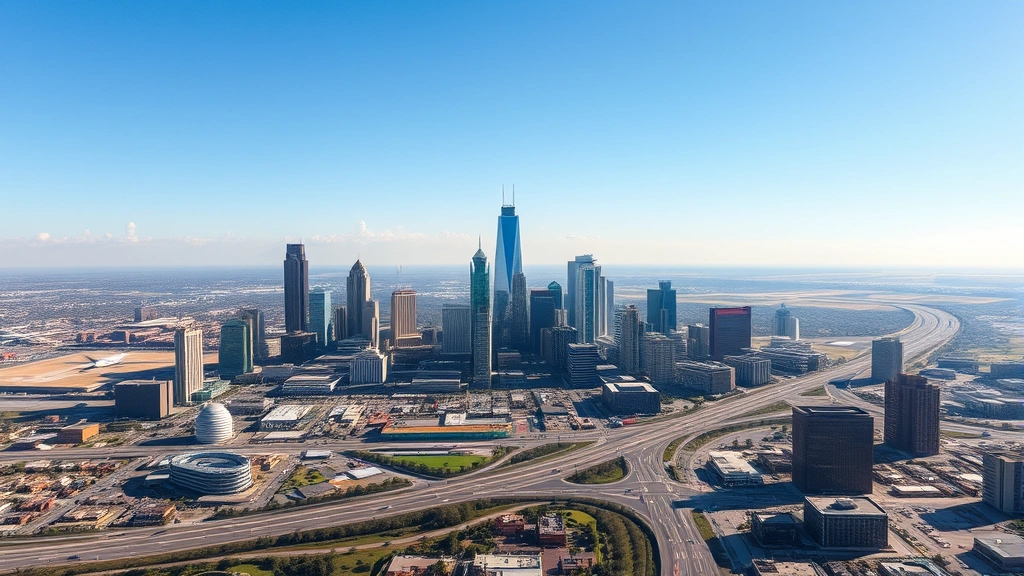 Aerial view of Atlanta skyline with Hartsfield-Jackson International Airport runways visible, modern city buildings and highways, bright daylight, vibrant urban landscape