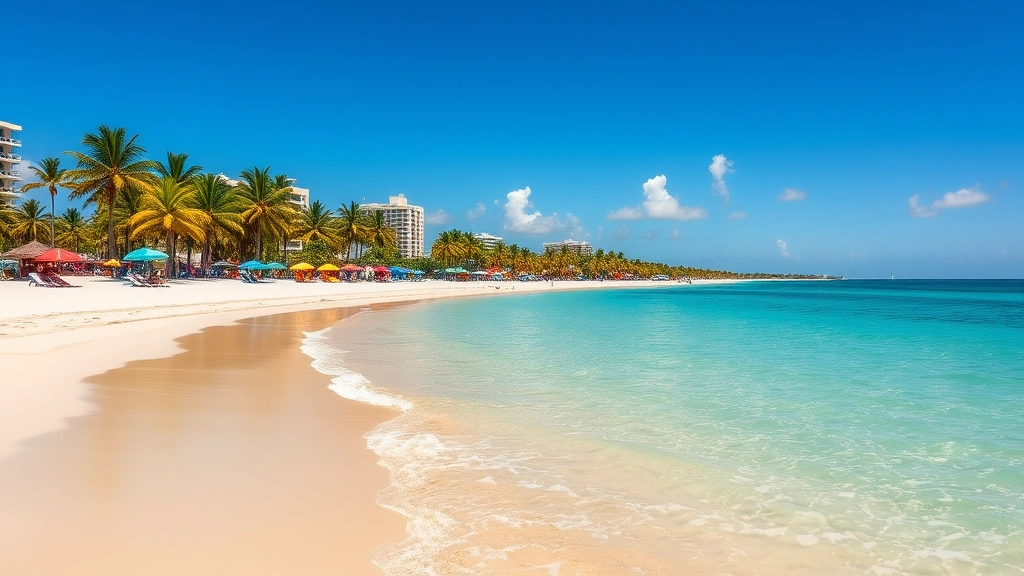 Fort Lauderdale beachfront with pristine sandy shores, crystal-clear turquoise water, palm trees, colorful beach umbrellas, sunny tropical atmosphere, vacation paradise setting