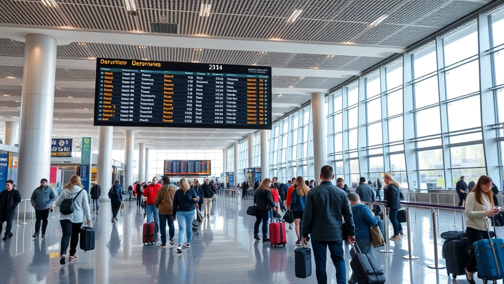 Interior of modern airport terminal with departures board displaying flight information, travelers with luggage, bright natural lighting, contemporary airport architecture, bustling travel hub