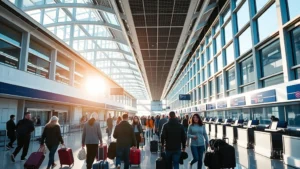 Hartsfield-Jackson Atlanta International Airport departure hall with morning sunlight, travelers with luggage, modern terminal architecture, bustling check-in counters, blue and white color scheme, photorealistic, no signs or text visible