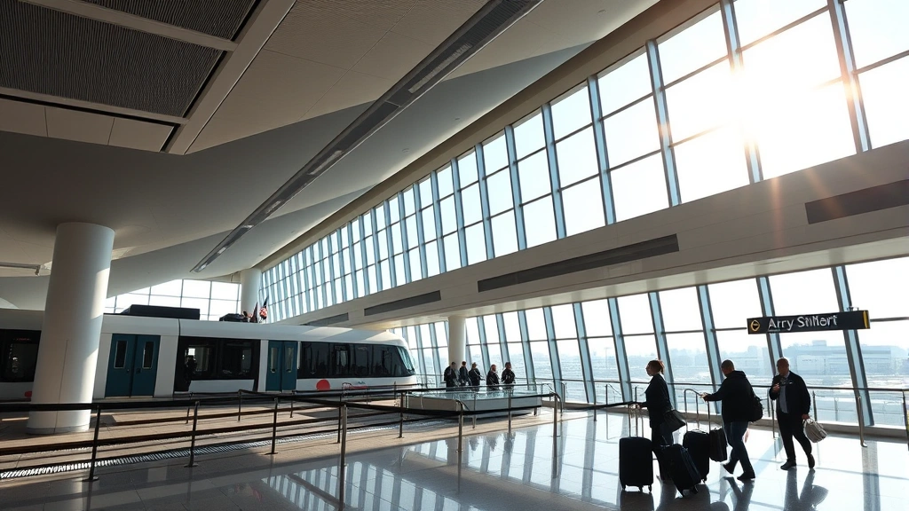 Newark Liberty International Airport modern terminal interior, AirTrain tracks visible, sleek contemporary design, morning light streaming through windows, travelers with suitcases, clean architectural lines, photorealistic, no visible signage or text