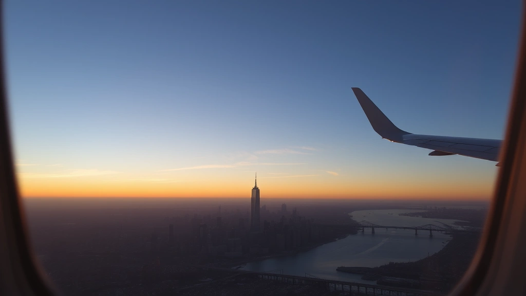 Manhattan skyline view from aircraft window during approach, Hudson River visible, urban landscape at sunset, golden hour lighting, realistic airplane window frame, photorealistic, no text overlays