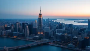 Aerial view of Manhattan skyline with Empire State Building and One World Trade Center prominent, Hudson River flowing alongside illuminated buildings during daytime with clear blue sky
