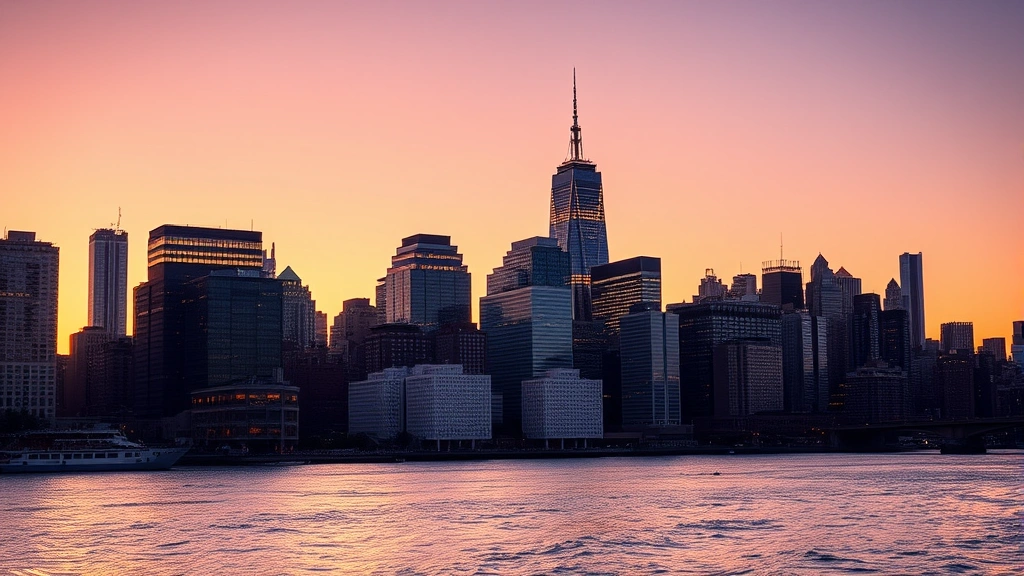 New York City skyline at sunset with illuminated skyscrapers reflecting in Hudson River water during golden hour evening light with warm orange and purple tones