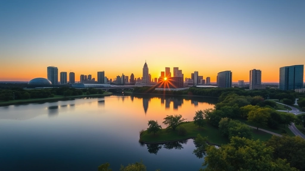 Austin skyline featuring Lady Bird Lake with downtown buildings reflected in water and green parks surrounding urban landscape at sunrise with natural light