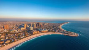 Aerial view of San Diego coastline with downtown skyline, blue Pacific Ocean, and white sandy beaches at golden hour, photorealistic travel photography