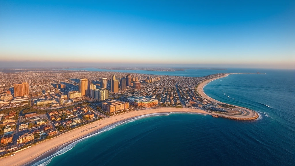 Aerial view of San Diego coastline with downtown skyline, blue Pacific Ocean, and white sandy beaches at golden hour, photorealistic travel photography