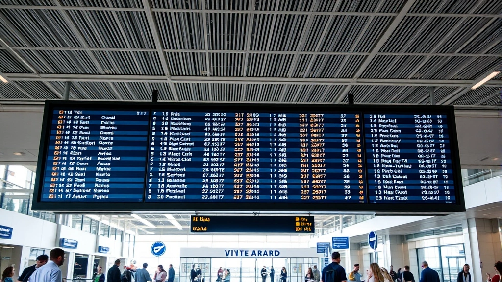 Austin-Bergstrom International Airport departure board with flight information, modern airport terminal interior with travelers, bright natural lighting