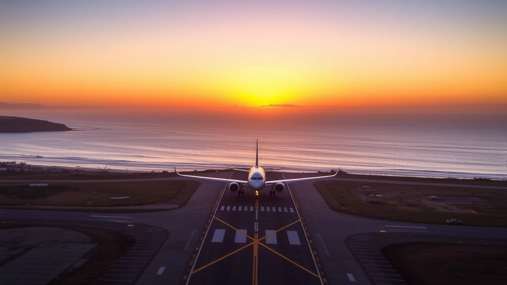 San Diego International Airport runway with aircraft landing, coastal landscape visible, Pacific Ocean in background, sunset lighting, travel destination focus