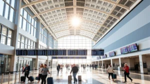 Boise airport terminal interior with modern architecture, natural light streaming through windows, travelers with luggage walking through corridors, departure boards displaying flight information