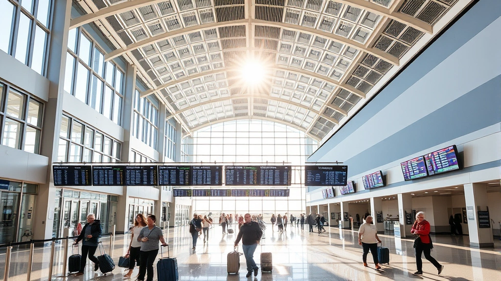 Boise airport terminal interior with modern architecture, natural light streaming through windows, travelers with luggage walking through corridors, departure boards displaying flight information