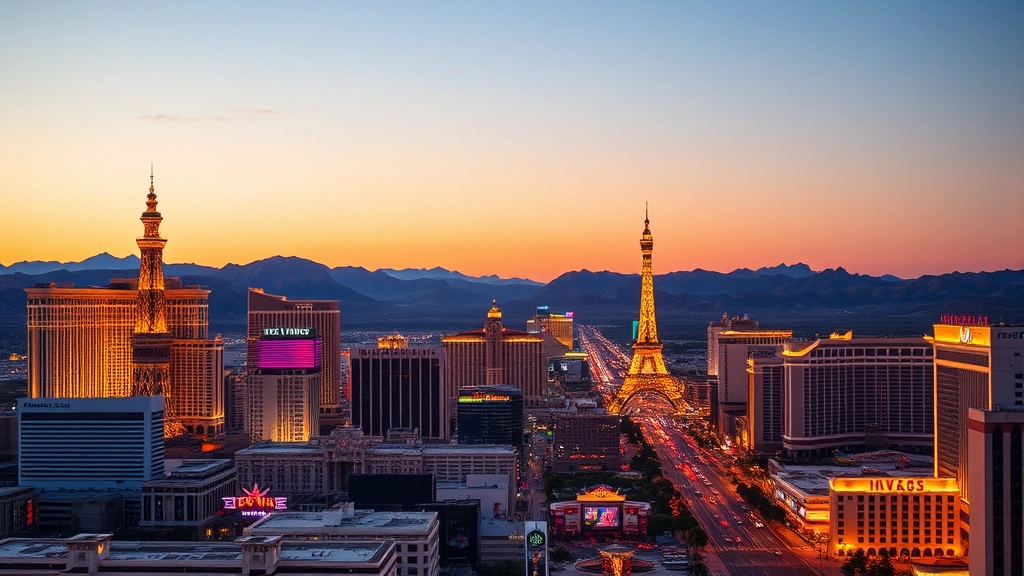 Las Vegas Strip skyline at golden hour sunset, iconic casino resorts and hotels illuminated, desert landscape in background, vibrant city lights beginning to glow