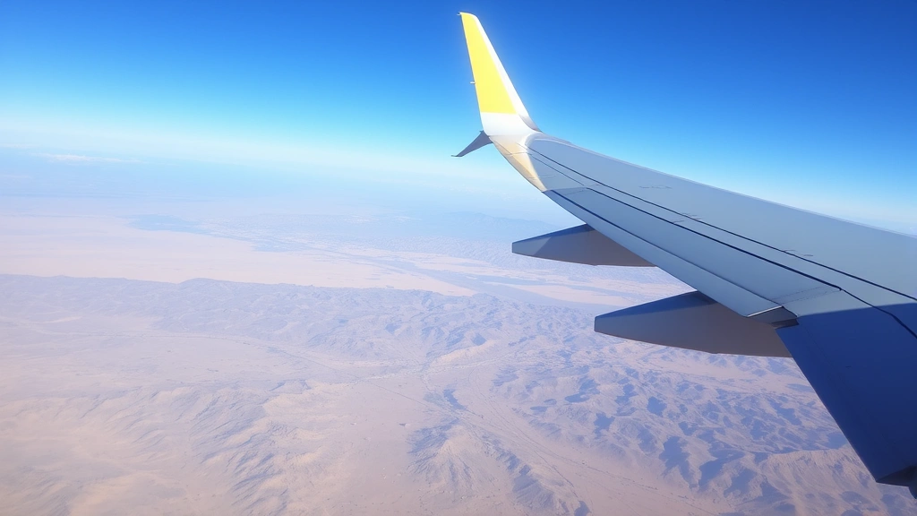 Airplane wing view over desert landscape during flight, rocky terrain and distant mountains visible below, clear blue sky, perspective from passenger window seat