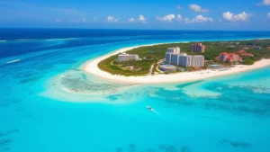 Aerial view of pristine turquoise Caribbean waters with white sand beach and beachfront resorts in Cancun Mexico, clear sunny day, tropical paradise landscape photography