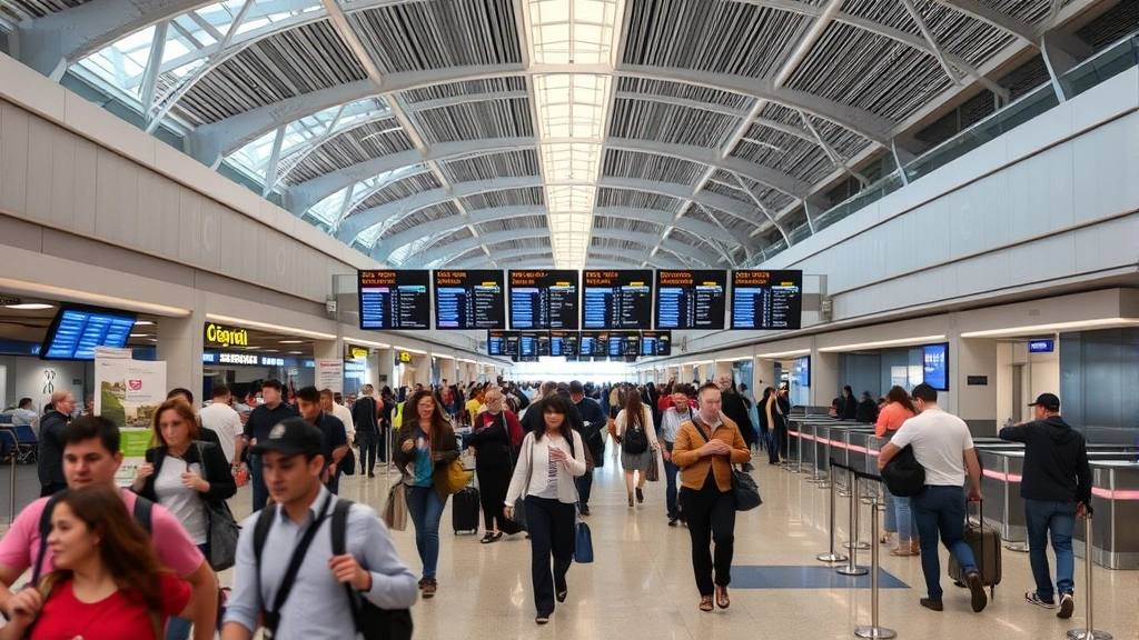 Busy Boston Logan International Airport terminal interior with travelers checking in, modern airport architecture, departure boards visible, bustling travel atmosphere