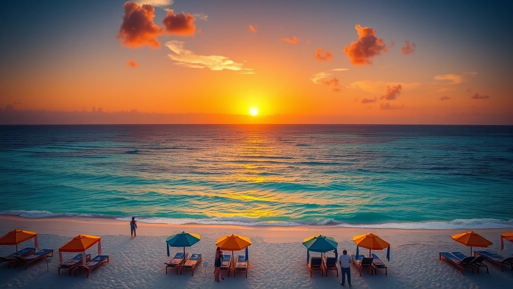 Sunset view over Cancun beach with colorful beach umbrellas and loungers, crystal clear turquoise water, white sandy shore, tropical vacation destination aesthetic