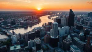 Aerial view of Boston cityscape at sunset with Charles River and downtown skyscrapers reflecting in water, golden hour photography, photorealistic travel photography