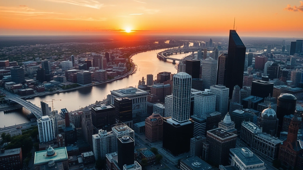 Aerial view of Boston cityscape at sunset with Charles River and downtown skyscrapers reflecting in water, golden hour photography, photorealistic travel photography