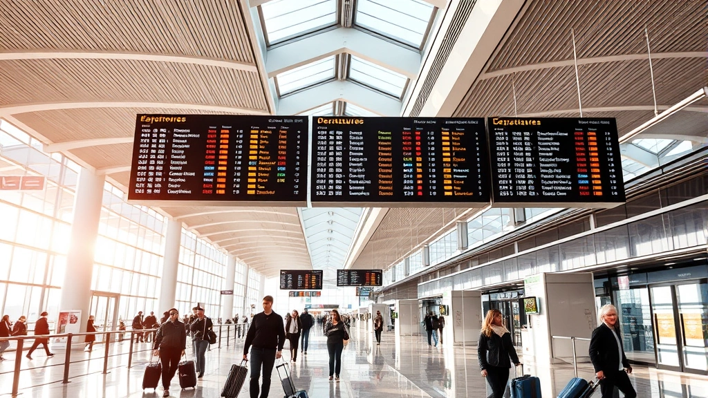 Modern airport terminal interior with departure boards, travelers with luggage, bright natural lighting, contemporary airport architecture, bustling travel scene
