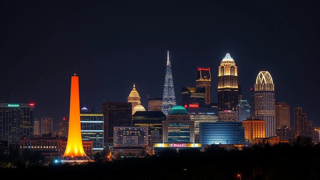 Atlanta skyline featuring Peach Drop and downtown buildings at night with illuminated skyscrapers, urban landscape photography, vibrant city lights reflection