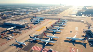 Aerial view of Boston Logan International Airport tarmac with commercial aircraft lined up, morning light, vibrant airport infrastructure and runways