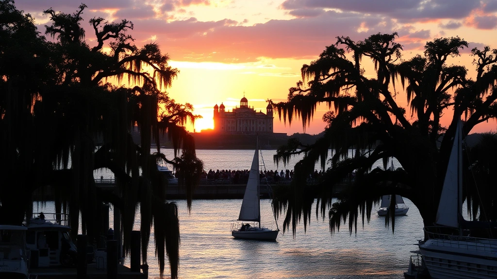 Charleston waterfront at sunset with historic Fort Sumter visible across the harbor, moss-draped live oak trees silhouetted, golden hour lighting, sailboats on water