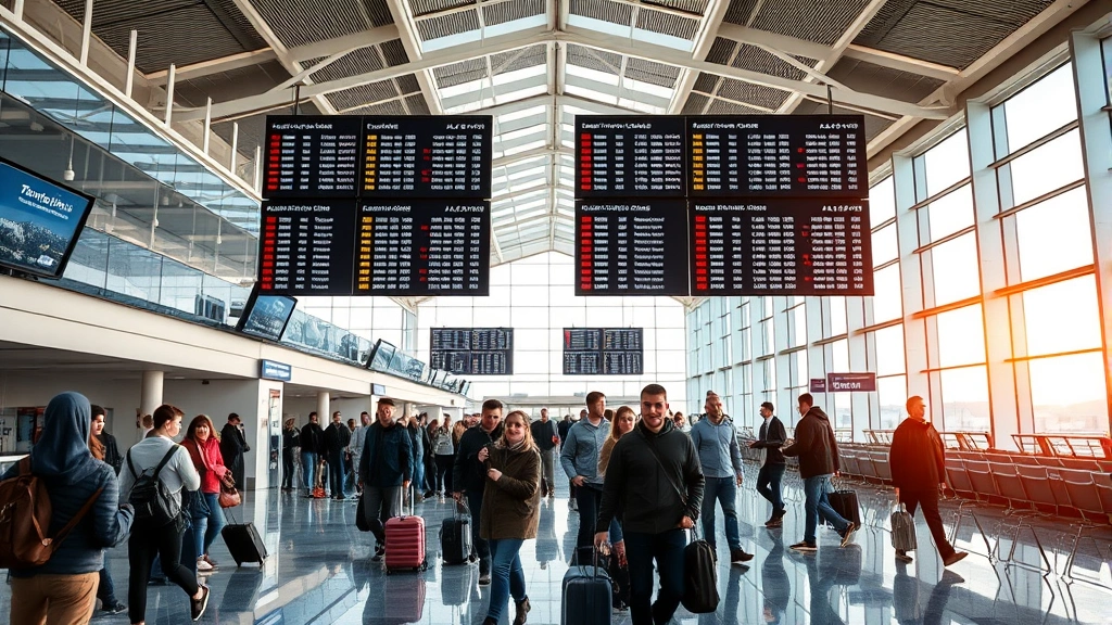 Interior of modern airport terminal with departure boards, diverse travelers with luggage, natural window light, contemporary airport architecture and seating areas