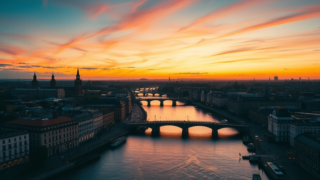 Aerial view of Dublin city skyline with Liffey River at sunset, Georgian architecture visible, vibrant evening lights reflecting on water, photorealistic travel photography