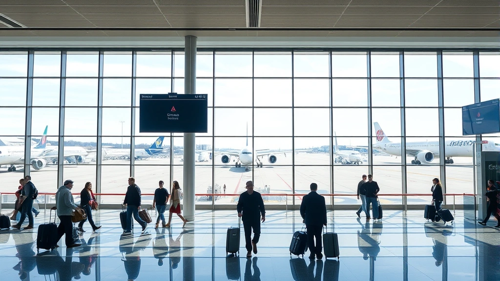 Boston Logan Airport departures hall with modern architecture, travelers with luggage, large windows showing aircraft outside, bright daylight, bustling travel atmosphere