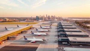 Aerial view of Boston Logan International Airport with planes parked at gates, modern terminal buildings, and Boston skyline in background, golden hour lighting