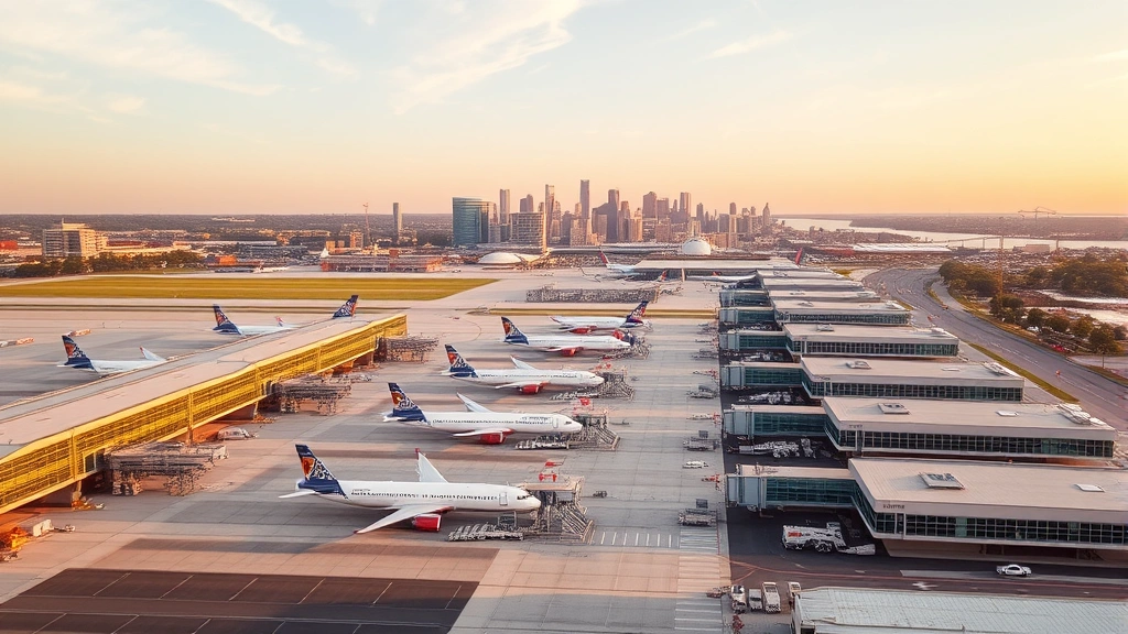 Aerial view of Boston Logan International Airport with planes parked at gates, modern terminal buildings, and Boston skyline in background, golden hour lighting