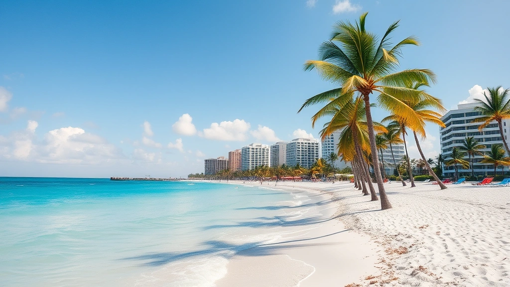 Sunny Fort Lauderdale beach with turquoise ocean water, white sand, palm trees swaying, and beachfront hotels visible, bright tropical daylight