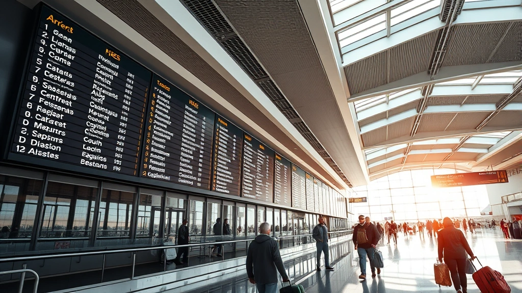 Airport departure board showing flight times and destinations, travelers with luggage walking through modern terminal, natural lighting from skylights
