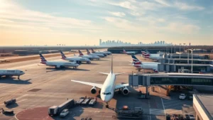 Overhead view of Boston Logan Airport with commercial aircraft at gates, morning light, bustling tarmac with service vehicles, New England skyline visible