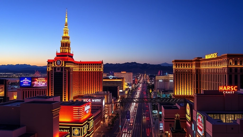 Las Vegas Strip with illuminated casino hotels at dusk, neon lights reflecting off modern buildings, desert skyline in background, vibrant nightlife atmosphere