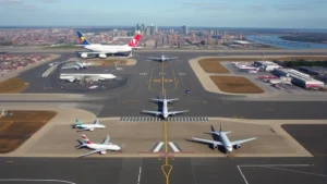 Aerial view of Boston Logan Airport with planes on tarmac, city skyline visible in background, professional photography, daytime