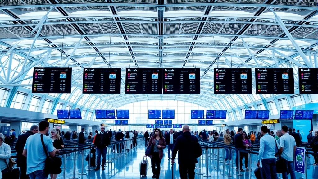 Modern airport terminal interior with travelers checking boards, blue and white color scheme, busy but organized atmosphere, contemporary design
