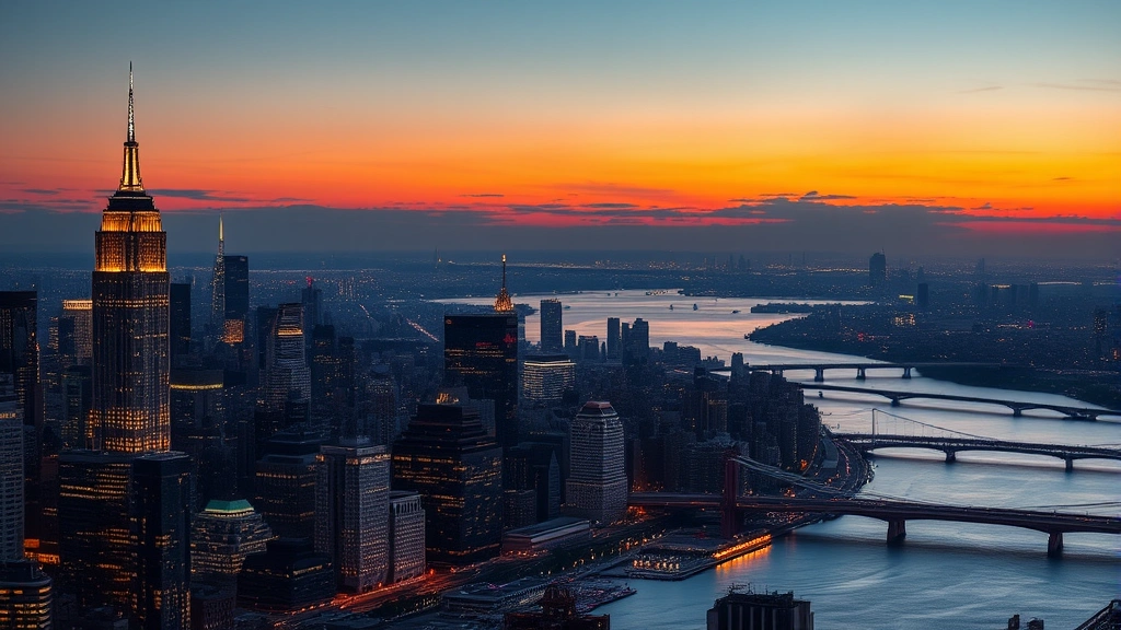 New York City skyline at sunset with Hudson River, Manhattan buildings illuminated, vibrant evening lighting, photorealistic urban landscape