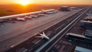 Aerial view of Boston Logan Airport with planes and runway at sunrise, modern airport infrastructure visible, golden morning light
