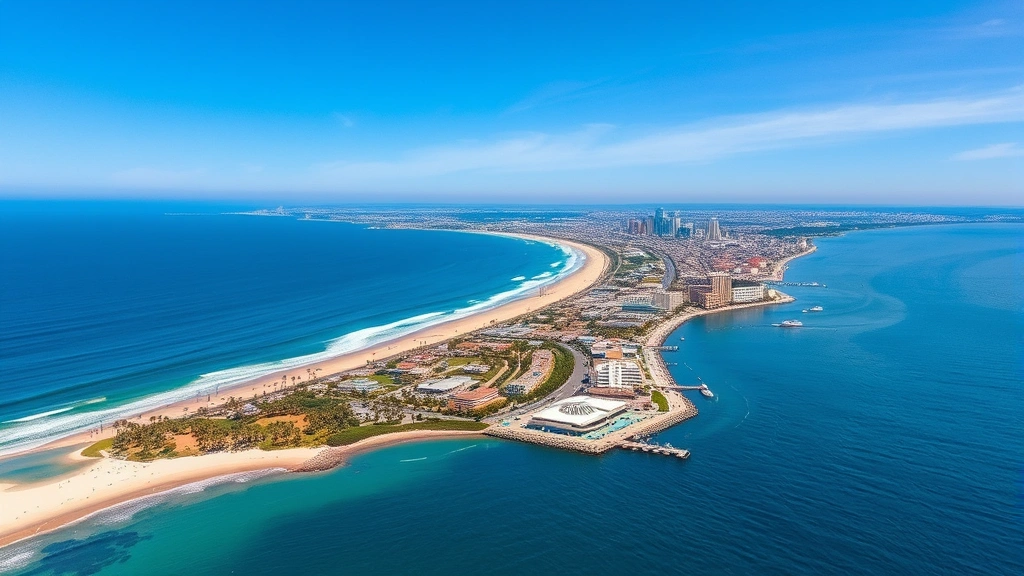 Scenic San Diego coastline with pristine beaches, palm trees, and blue Pacific Ocean, sunny perfect weather, aerial perspective of downtown skyline