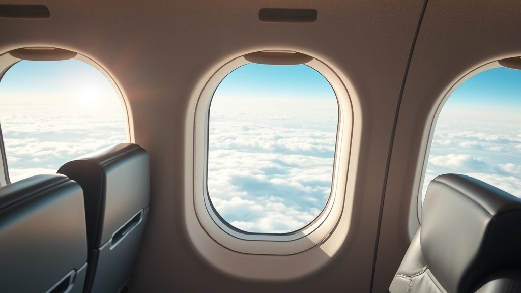 Interior of modern airplane cabin during flight with window view of clouds and distant landscape, comfortable seats, natural daylight streaming through windows