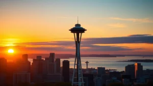 Seattle Space Needle at sunset with Puget Sound in background, golden hour lighting, no people, photorealistic urban landscape